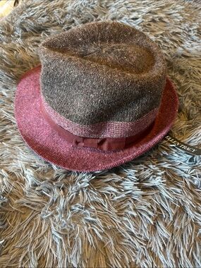 Ellen Tracy Brown and Burgundy Wool Blend Fedora with Ribbon